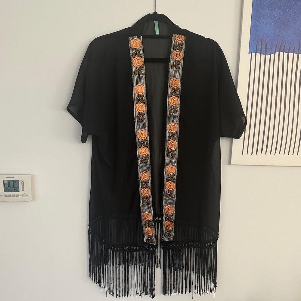 Valentina Black Kimono with Orange Floral Trim